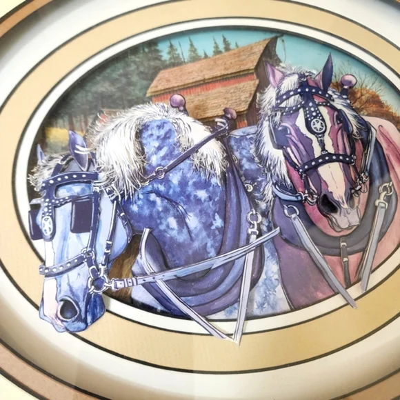 Vintage Gerlach Art Horses 3D Paper Tole in Rustic Wooden Glass Frame - Picture 4 of 14